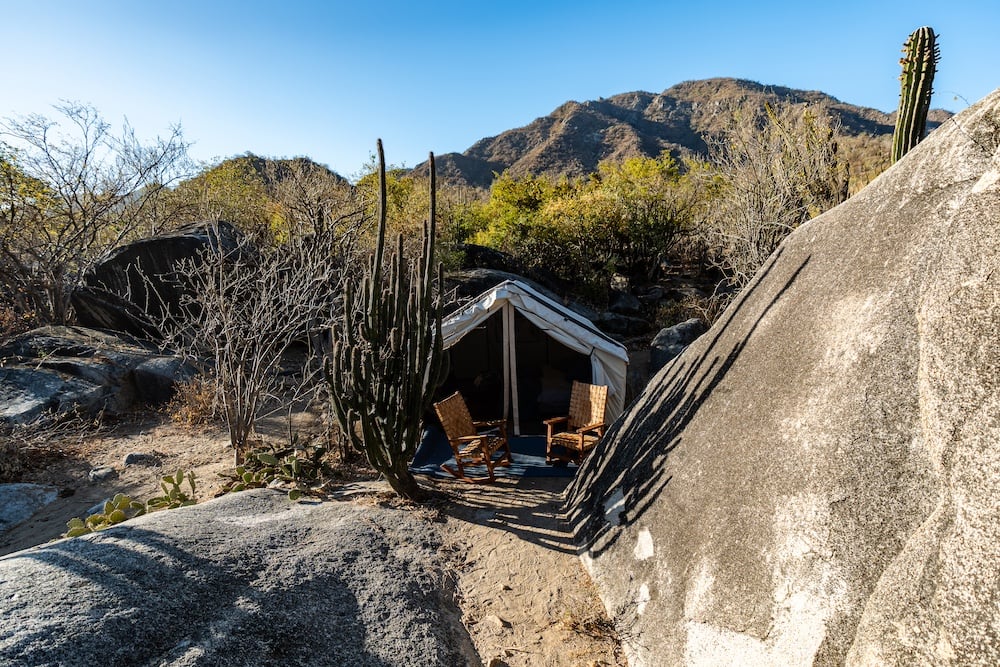 Camp Cecil tent in rocks